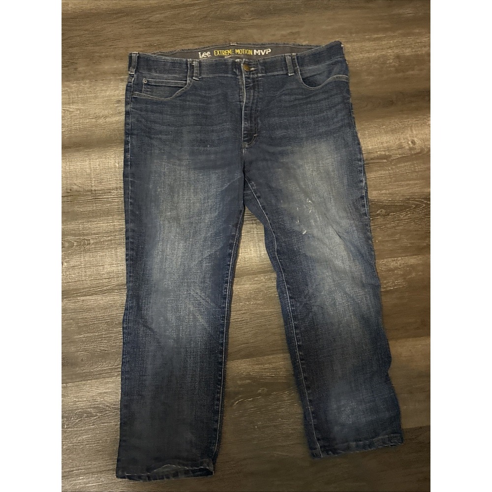 Lee Extreme Motion MVP Slim Fit Straight Leg Jeans 42x30 Blue Stains Mens
